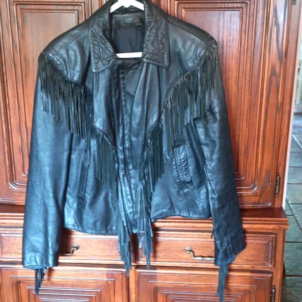Leather biker Jacket,  S 38, Black Fringed